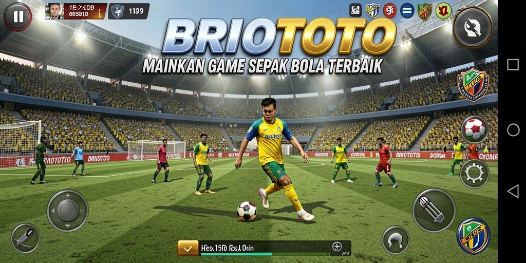 Tampilan gameplay BRIOTOTO yang mendebarkan di lapangan sepak bola.